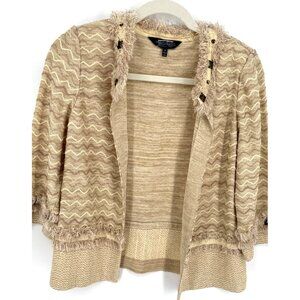 Ming Wang Womens Beige Fringed Cardigan Jacket Small Acrylic/Rayon Blend 3/4 sle